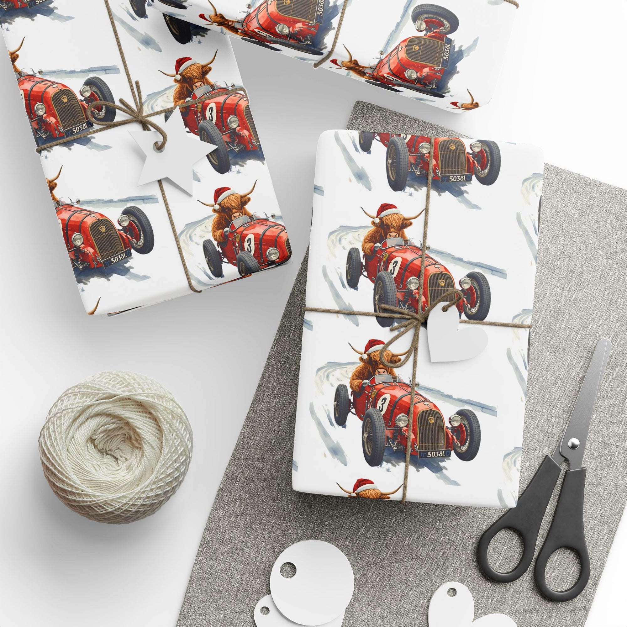 Highland Cow Racing Christmas Wrapping Paper | Vintage Car Holiday Gift Wrap