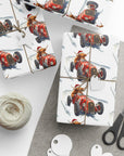 Highland Cow Racing Christmas Wrapping Paper | Vintage Car Holiday Gift Wrap
