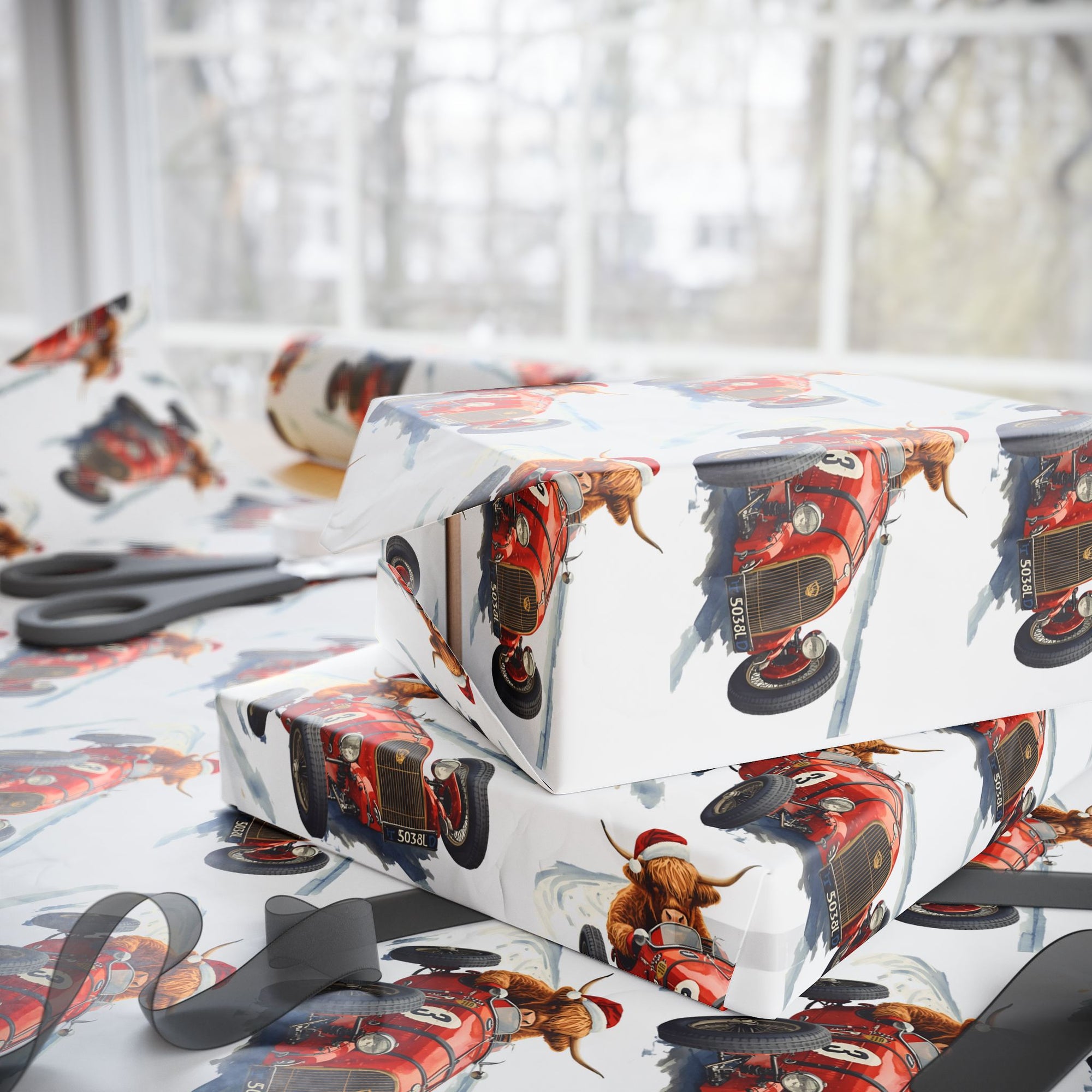Highland Cow Racing Christmas Wrapping Paper | Vintage Car Holiday Gift Wrap
