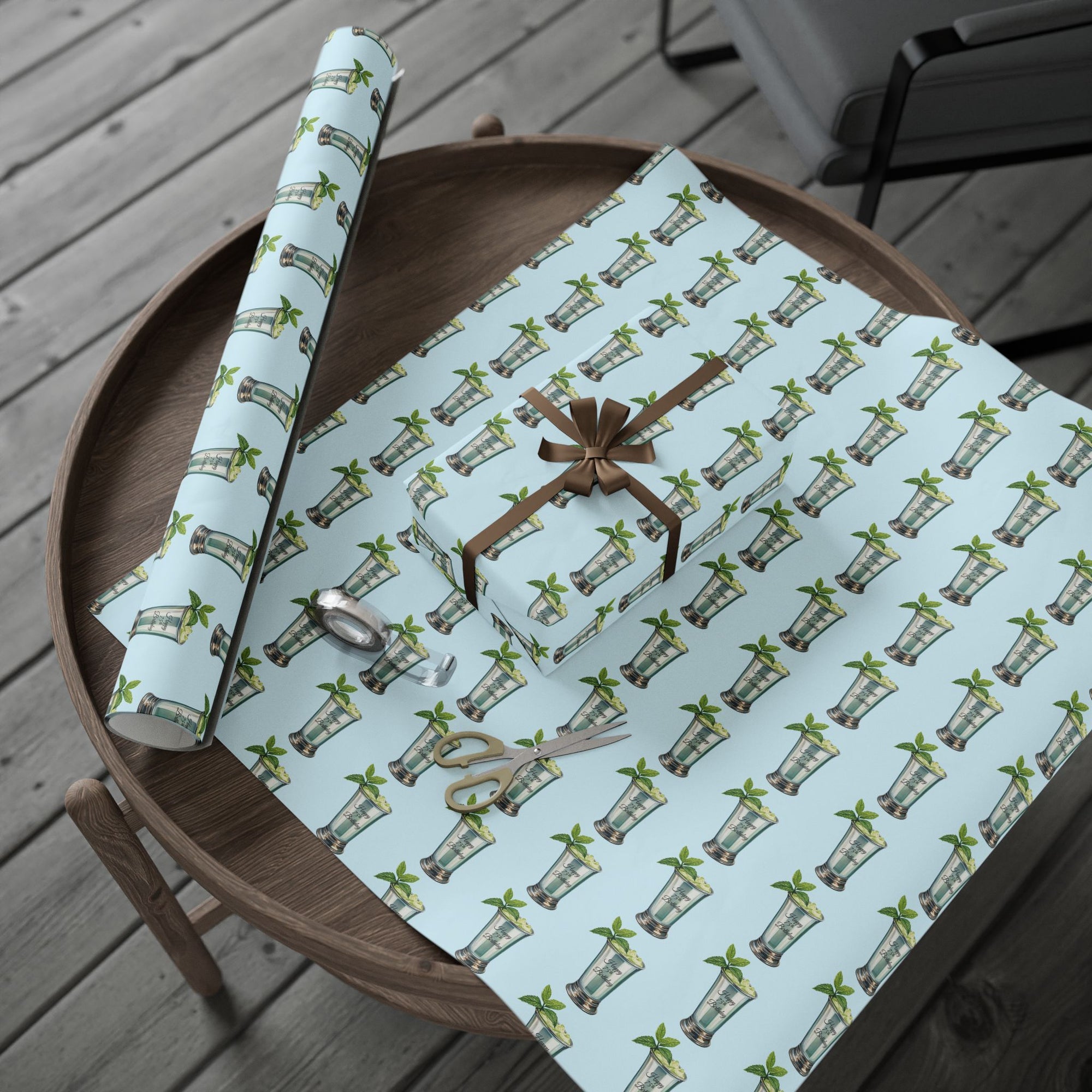 75th Birthday Mint Julep Wrapping Paper – Engraved Happy 75th Birthday Gift Wrap Blue Background