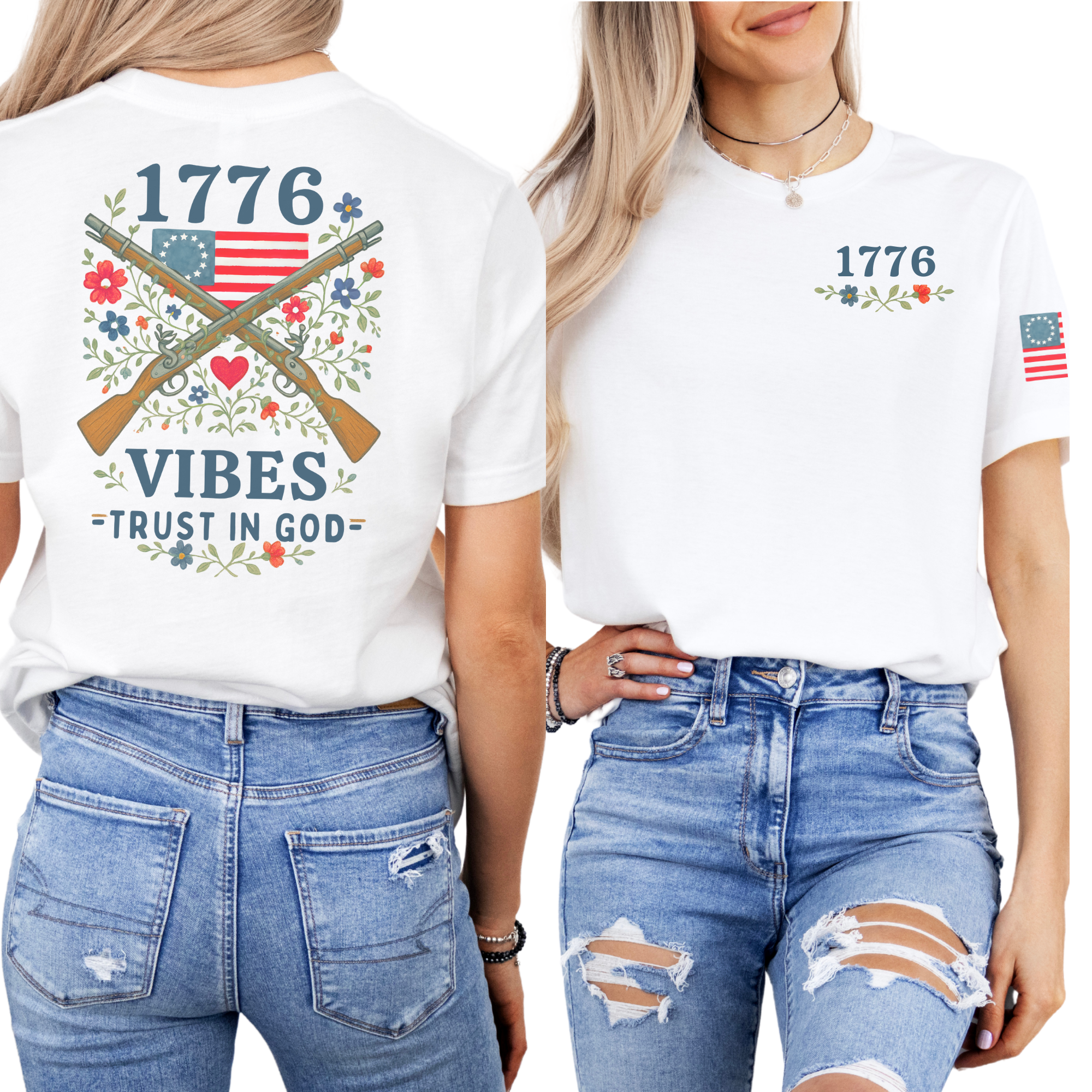 woman wearing a white t-shirt with patriotic design crossed muskets floral adorned with a betsy ross flag trust in god text front and back views