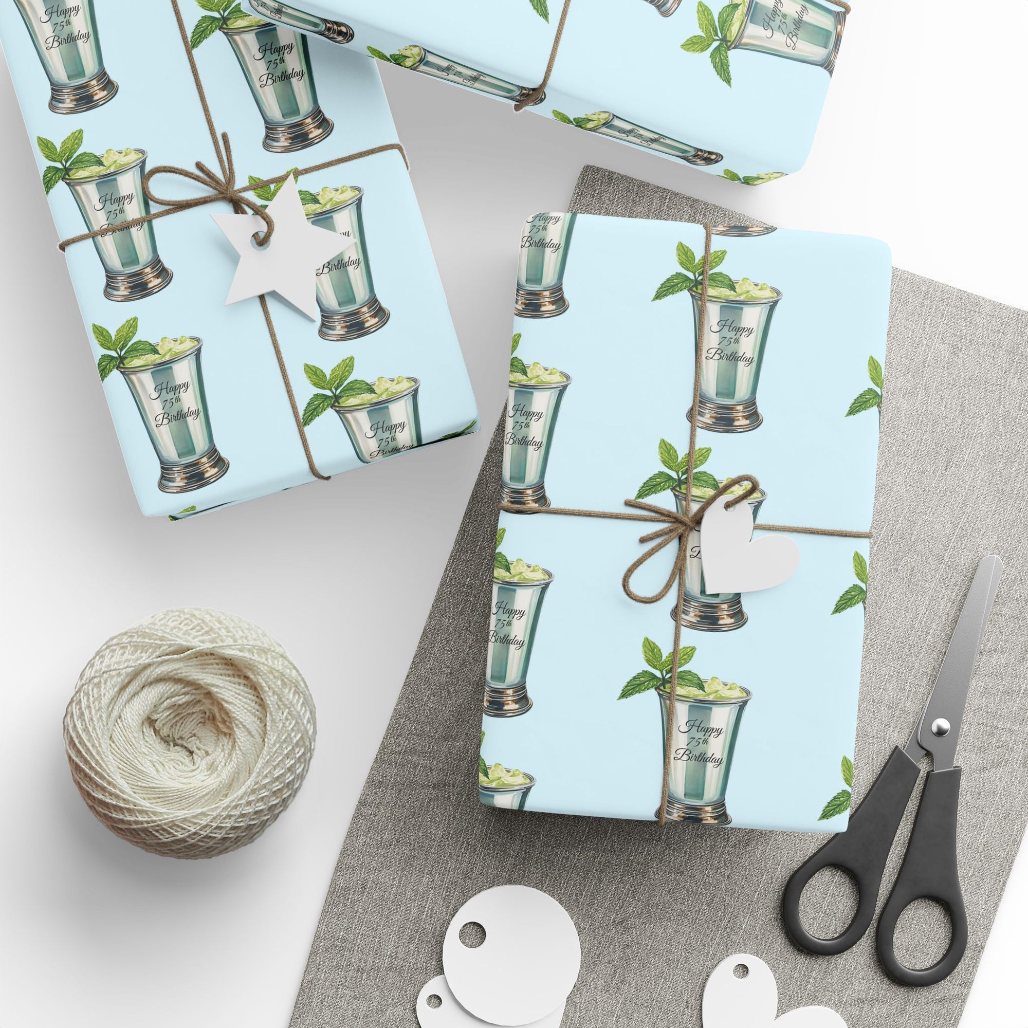 75th Birthday Mint Julep Wrapping Paper – Engraved Happy 75th Birthday Gift Wrap Blue Background