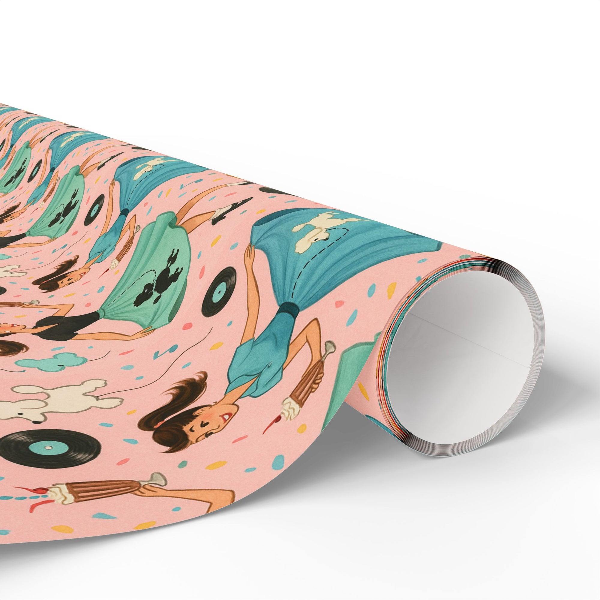 Vintage rock and roll wrapping paper with records and milkshakes and girls in poodle skirts dancing, pink background with pastels flat view