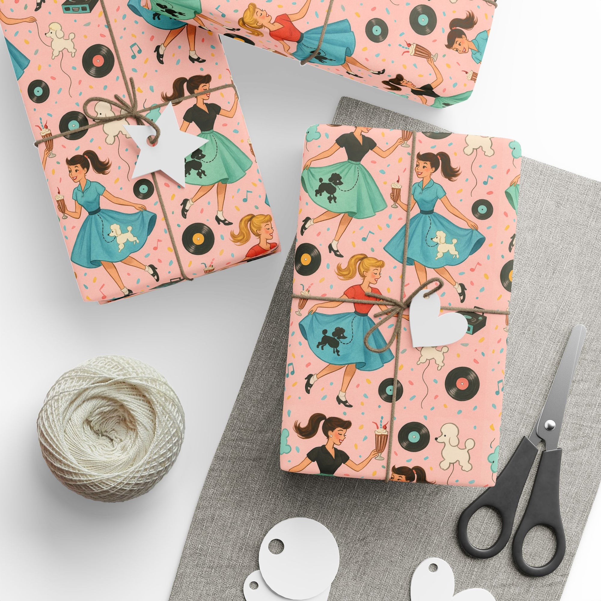 Vintage rock and roll wrapping paper with records and milkshakes and girls in poodle skirts dancing, pink background with pastels front view