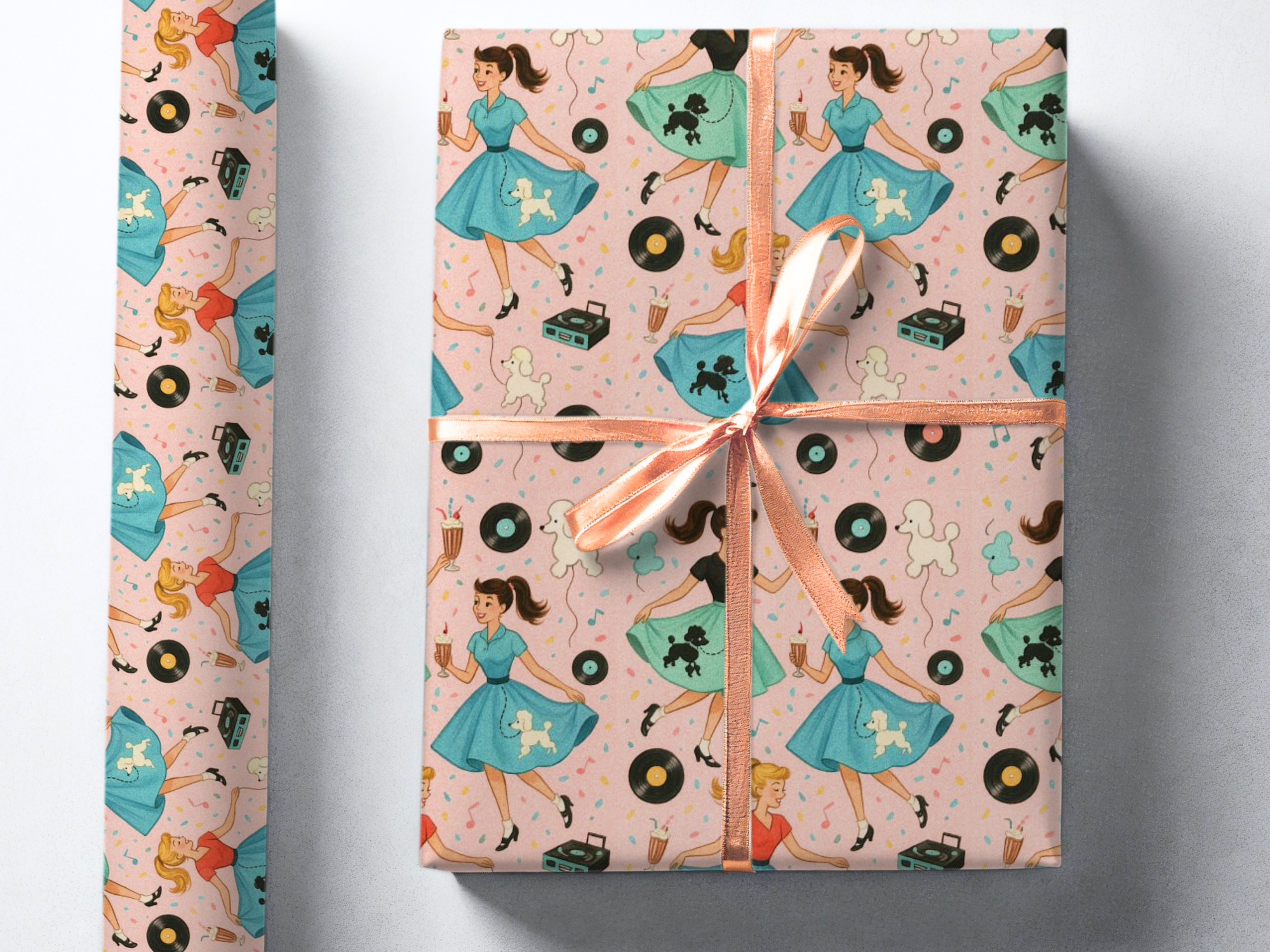 Vintage rock and roll wrapping paper with records and milkshakes and girls in poodle skirts dancing, pink background with pastels top view