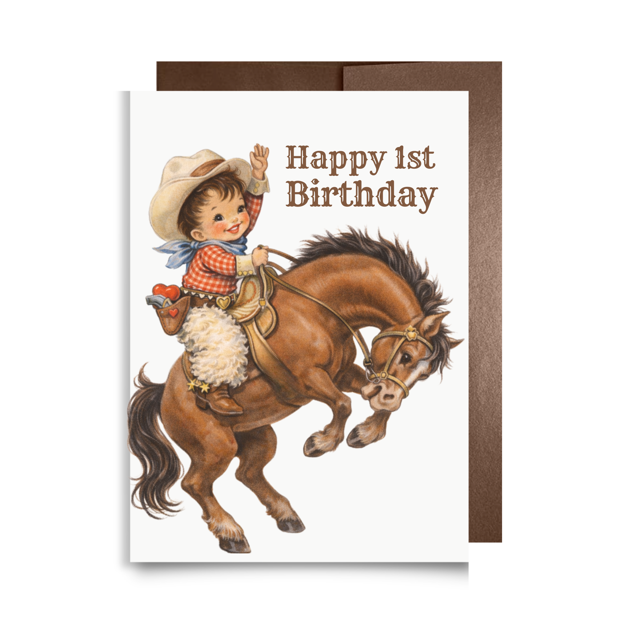 Birthday card with a little cowboy riding a horse and 'Happy 1st Birthday' text.