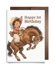 Birthday card with a little cowboy riding a horse and 'Happy 1st Birthday' text.