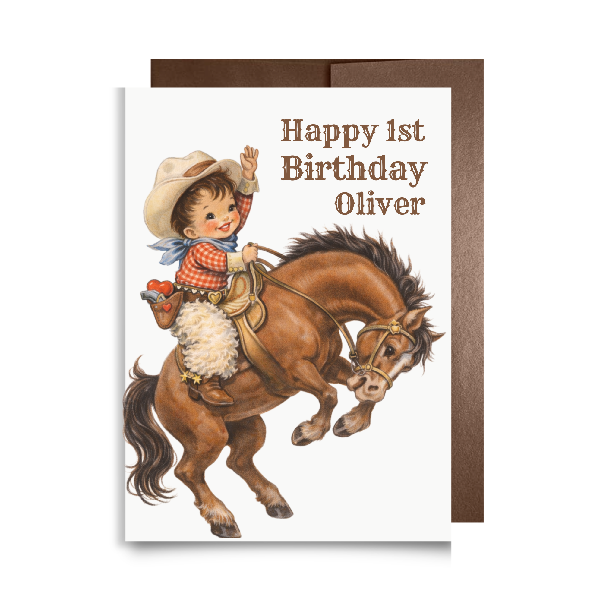 Birthday card with a junior cowboy riding a horse and text 'Happy 1st Birthday Oliver' on a white background.