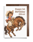 Birthday card with a junior cowboy riding a horse and text 'Happy 1st Birthday Oliver' on a white background.