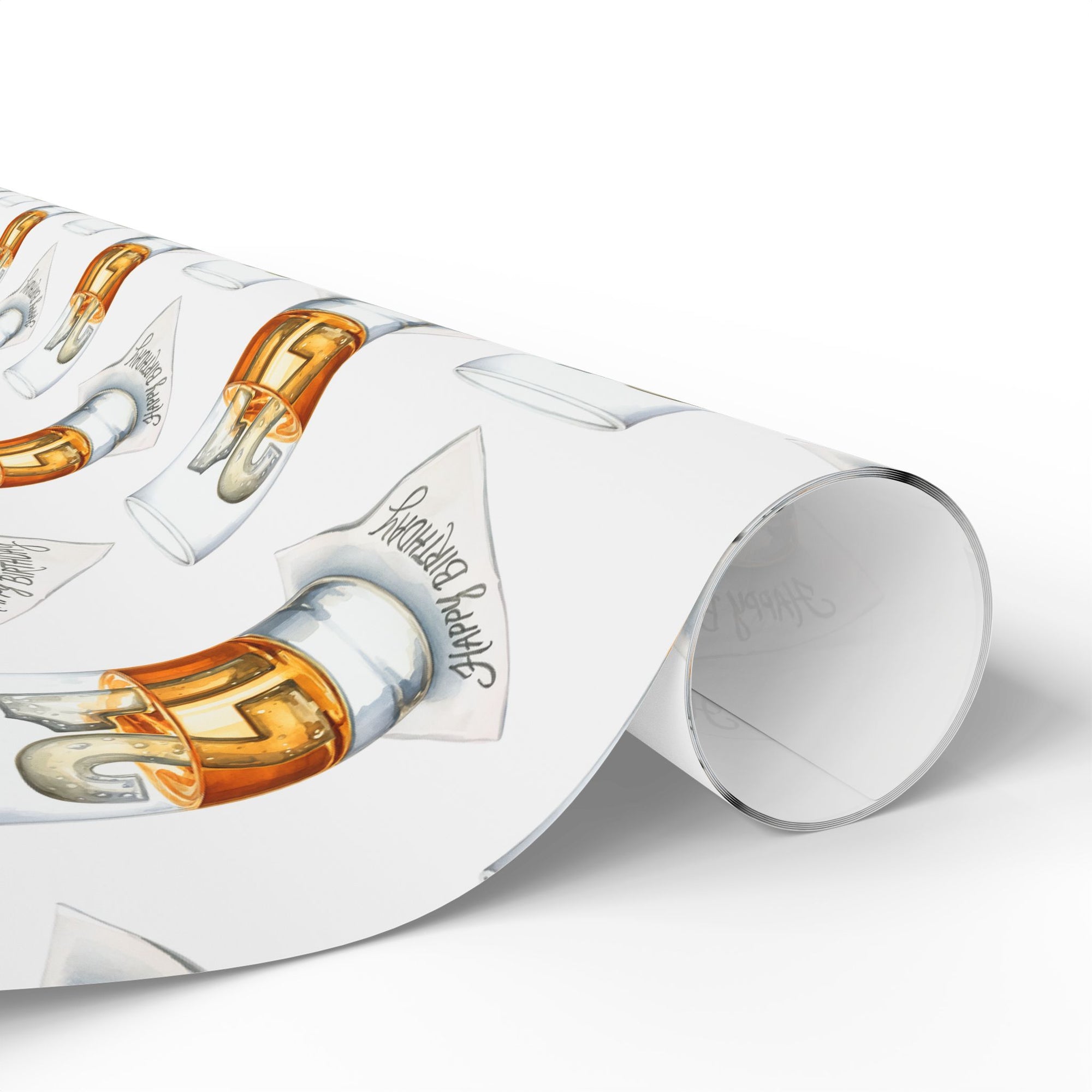 Roll of wrapping paper for 21st birthday with whiskey bourbon scotch glass with ice cubes