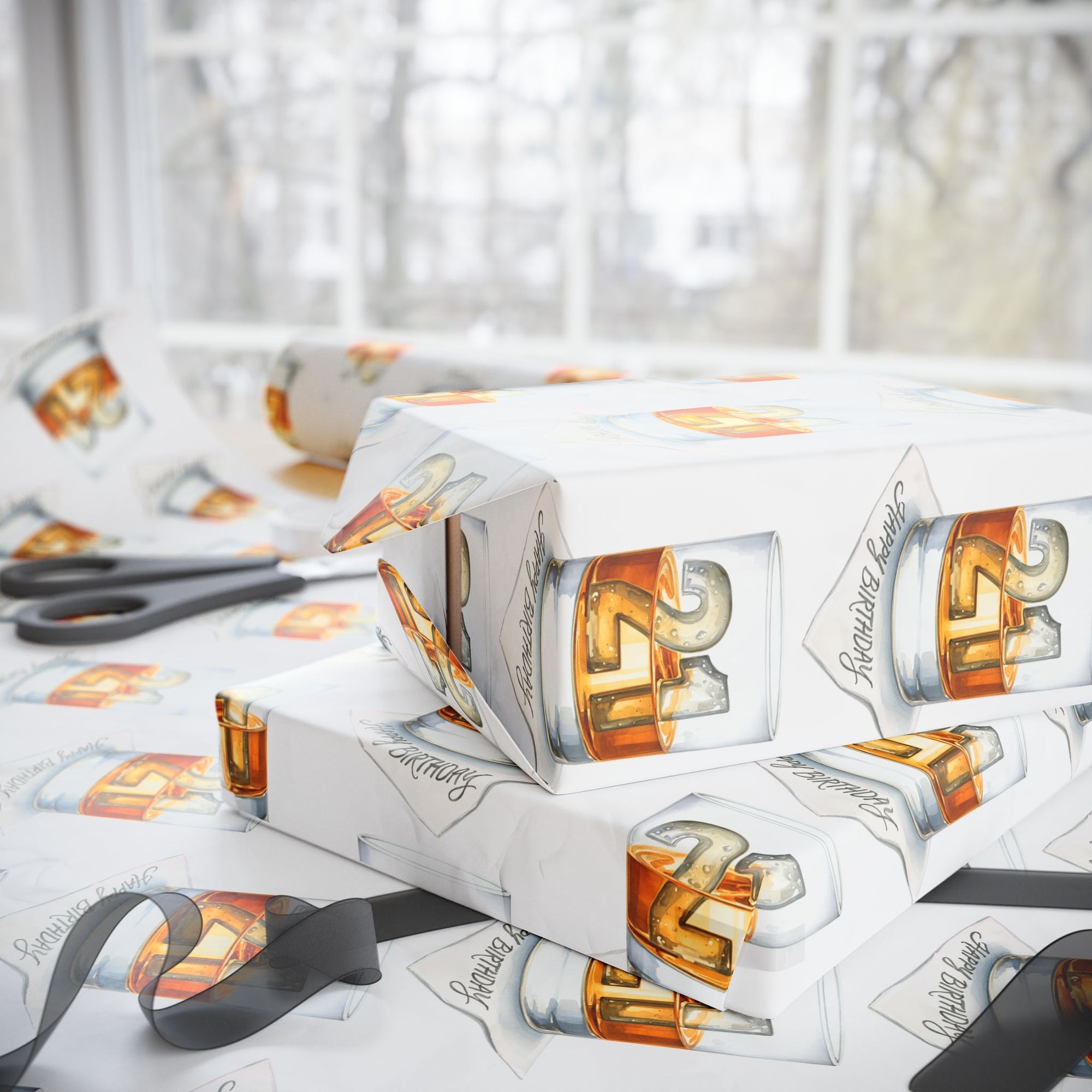 21st birthday wrapping paper whiskey bourbon scotch glass with ice cubes with white background