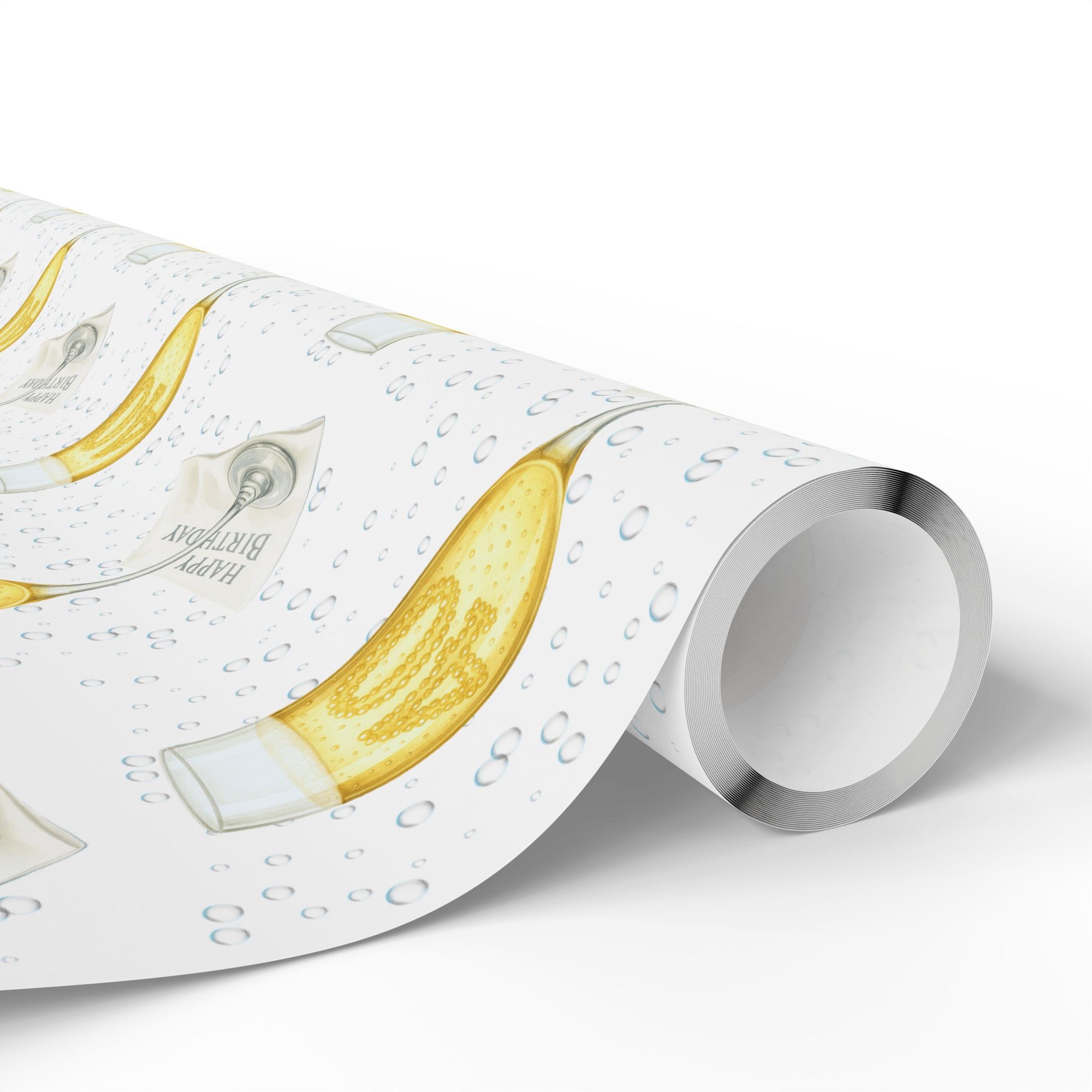 Roll of wrapping paper with champagne glass illustration.