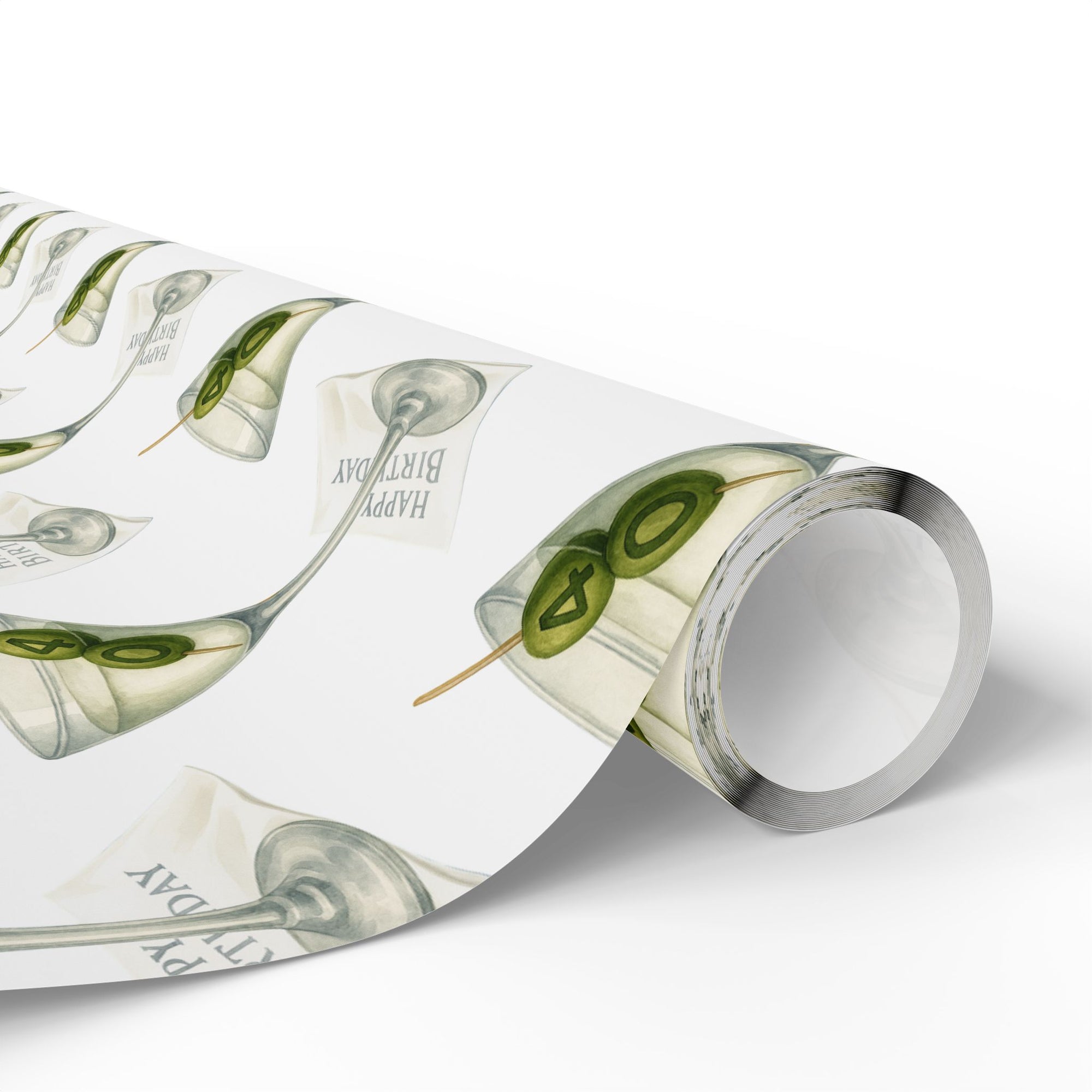 Gift wrapped in paper with martini glass design, two olives inscribed with a 4 and 0.