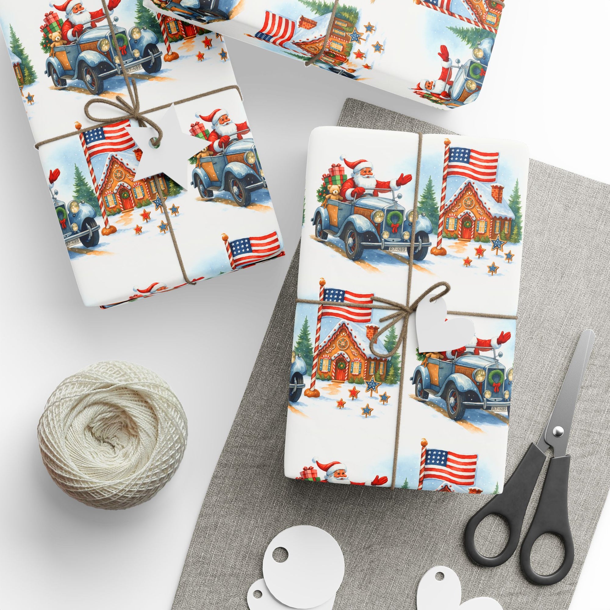 Patriotic Santa in Rolls Royce Style Car Gingerbread Christmas Wrapping Paper