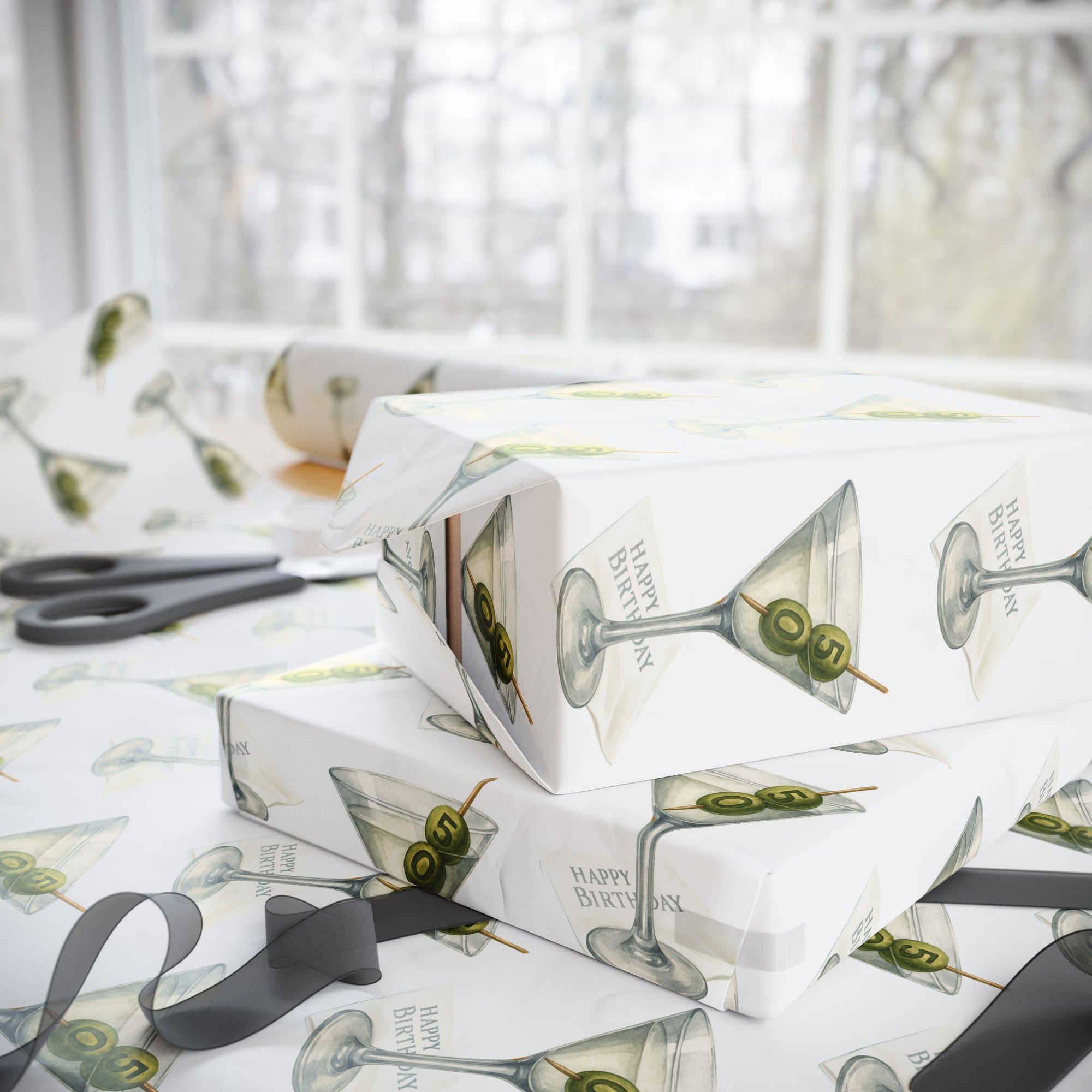 50th birthday wrapping paper martini glass with olives milestone party side view