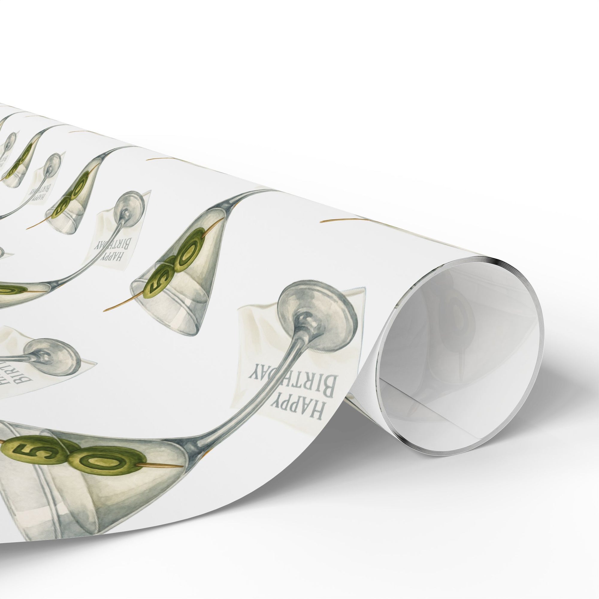 50th birthday wrapping paper roll with a martini glass with olives.