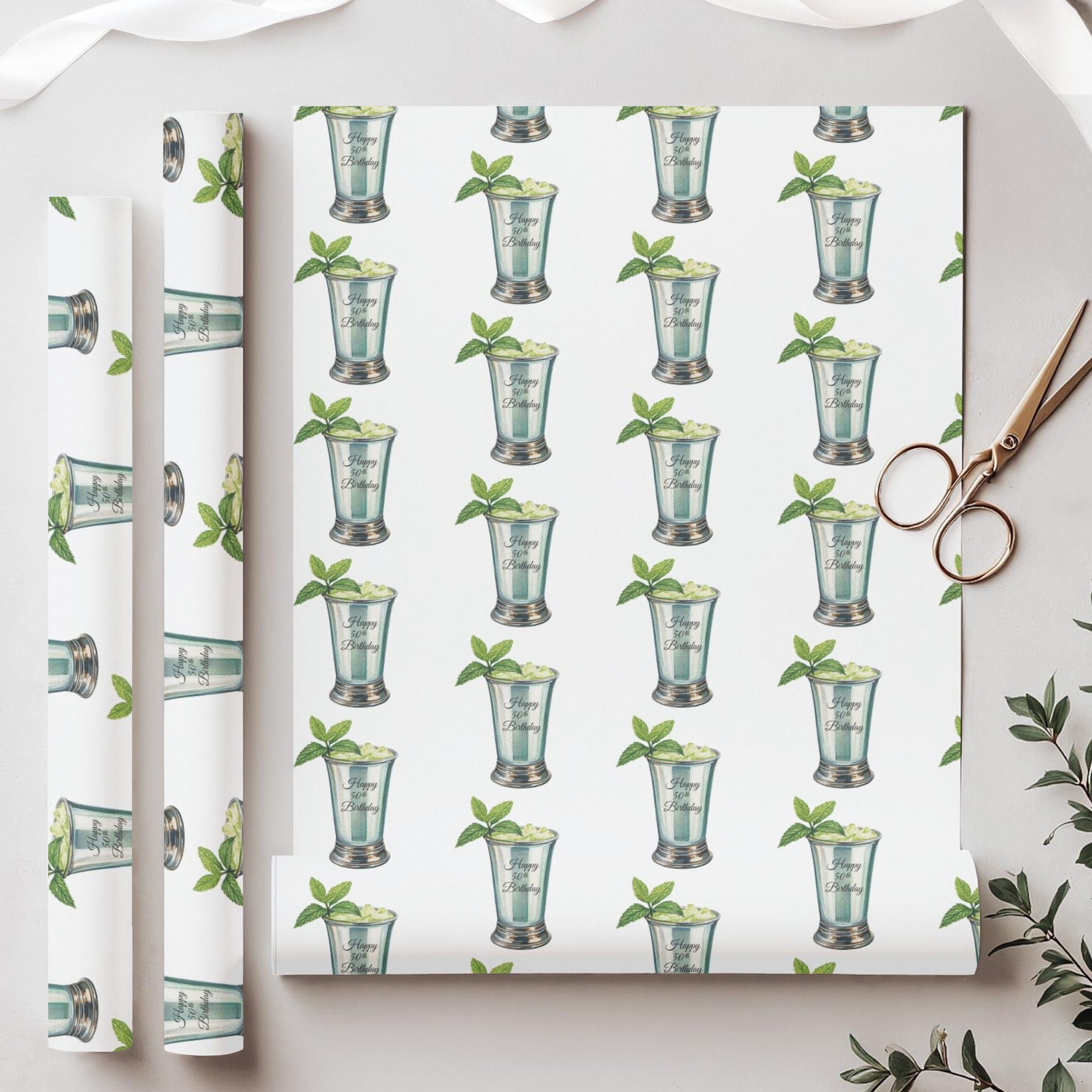 wrapping paper with a mint julep pattern on a white background