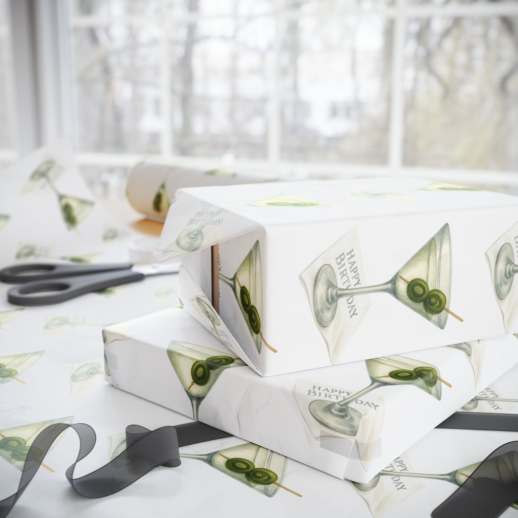 Wrapping Paper featuring a martini glass design and olives on a white background.