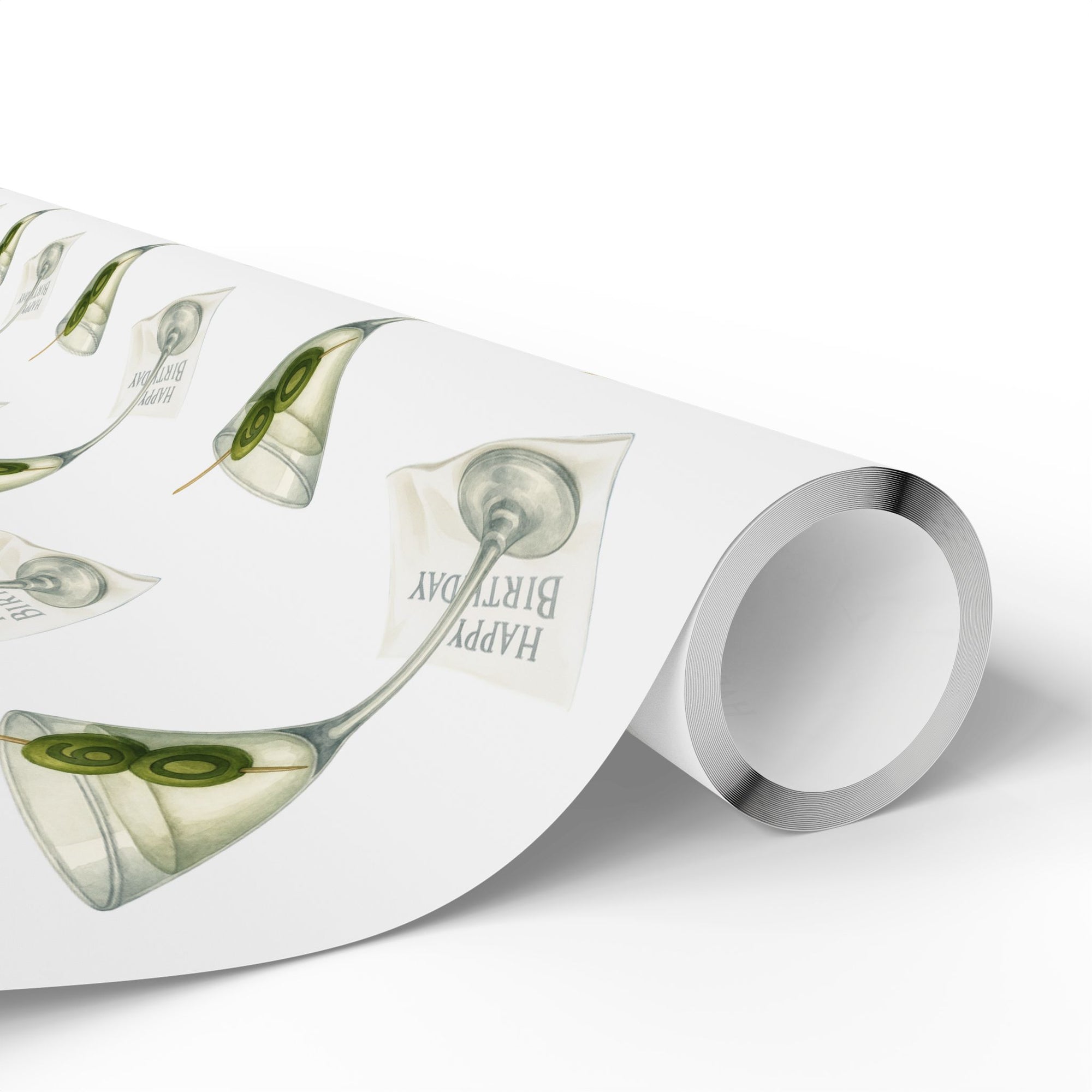 Wrapping Paper roll featuring a martini glass design and olives on a white background.