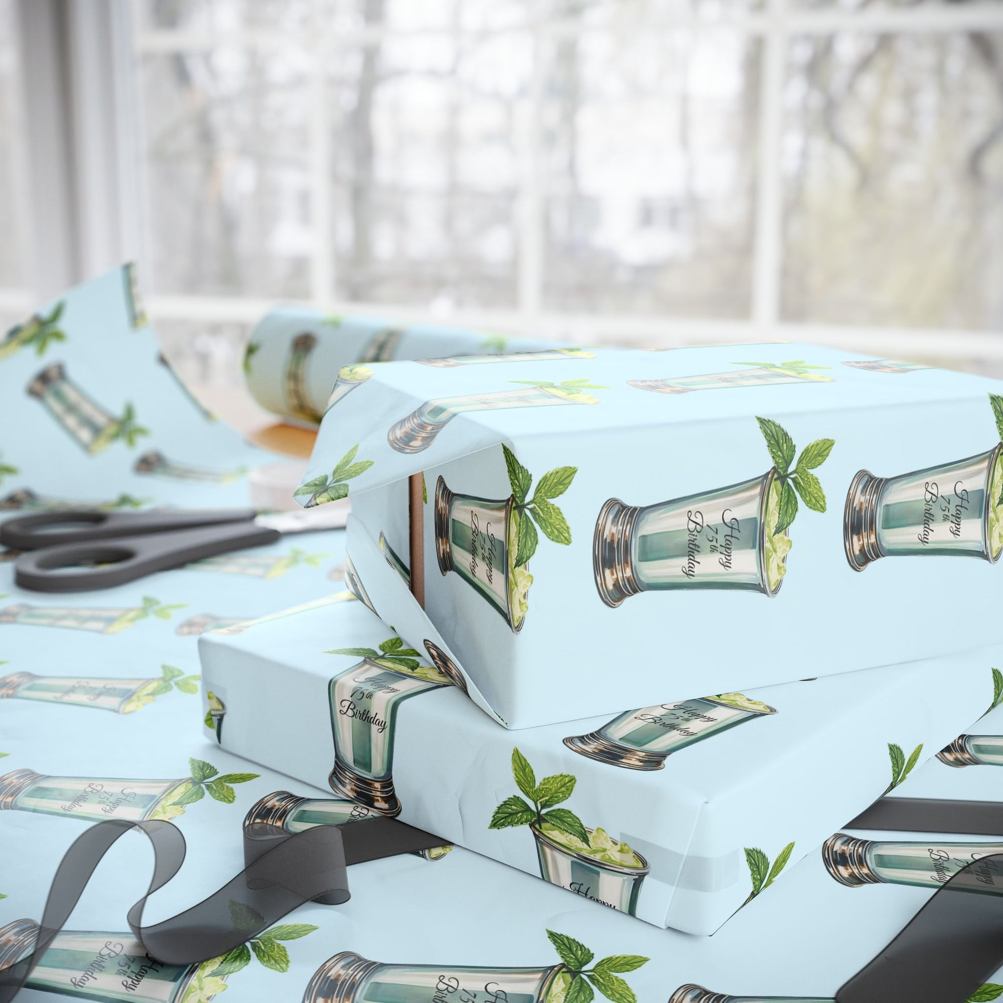 75th Birthday Mint Julep Wrapping Paper – Engraved Happy 75th Birthday Gift Wrap Blue Background
