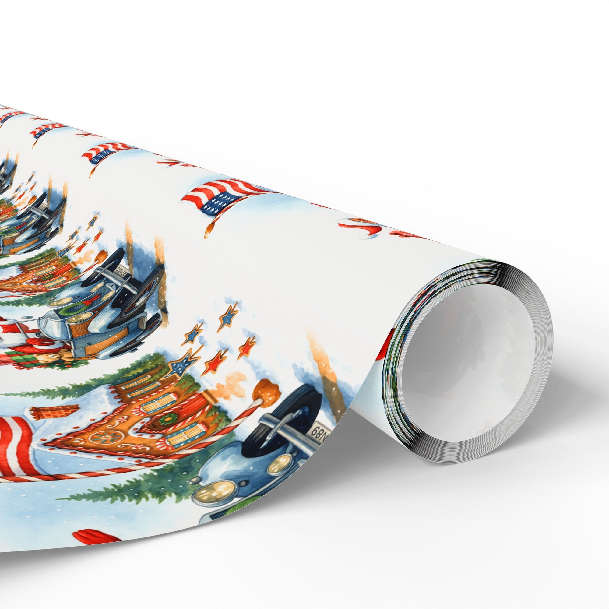 Patriotic Santa in Rolls Royce Style Car Gingerbread Christmas Wrapping Paper