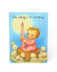 Baby Girl's 1st Birthday Card | Vintage Storybook Candle & Animals Design