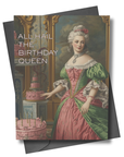 Greeting card with a vintage-style illustration of a woman in a pink dress and 'All Hail the Birthday Queen' text.