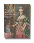 Greeting card with a vintage-style illustration of a woman in a pink dress and cake, titled 'All Hail the Birthday Queen'.