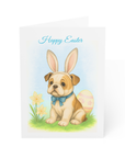 Easter card with a darling american bulldog in bunny ears sitting by a daffodil and an easter egg.