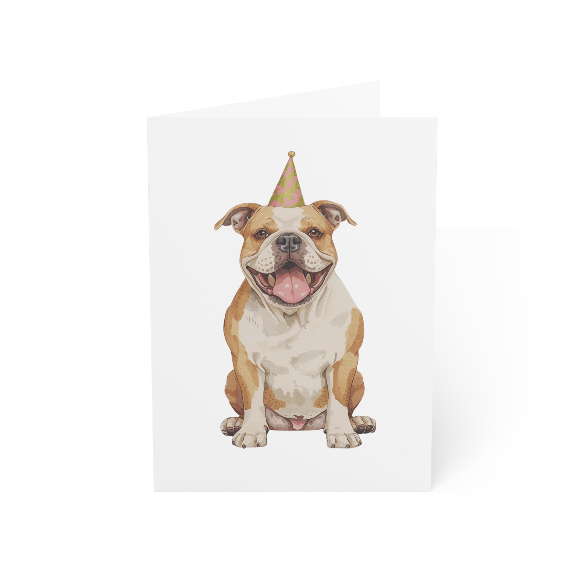 Card with a bulldog wearing a party hat on a white background