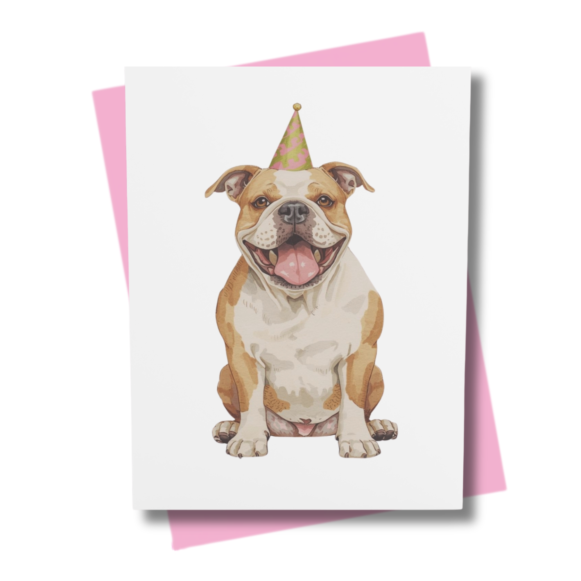 Greeting card with a bulldog wearing a party hat on a white background