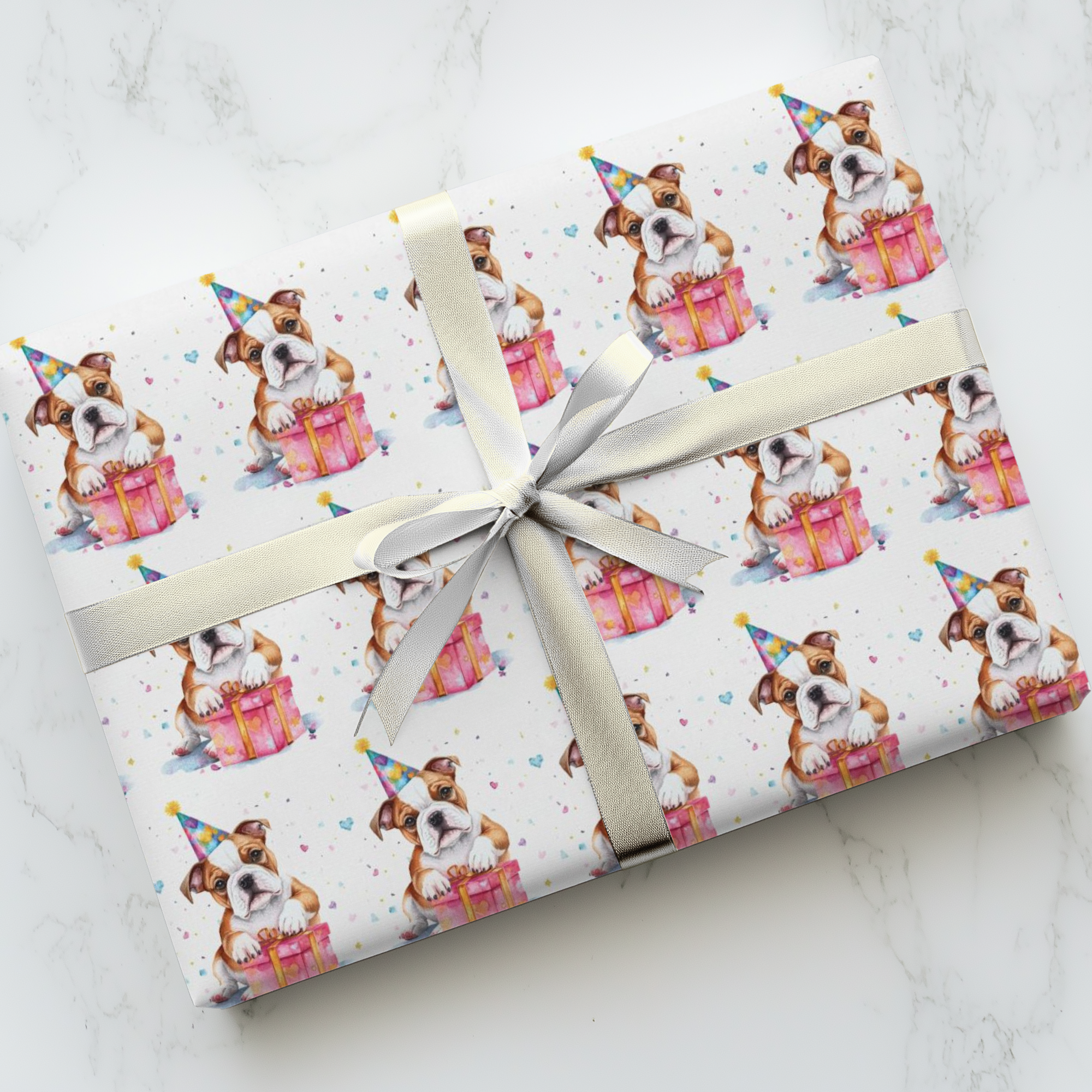 Birthday gift wrapping paper featuring an American bulldog in a party hat and present.