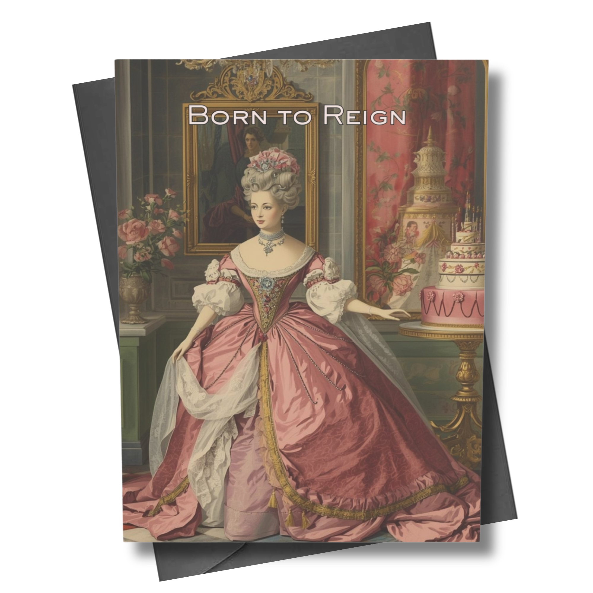 Greeting card with a woman in a pink dress and 'Born to Reign' text