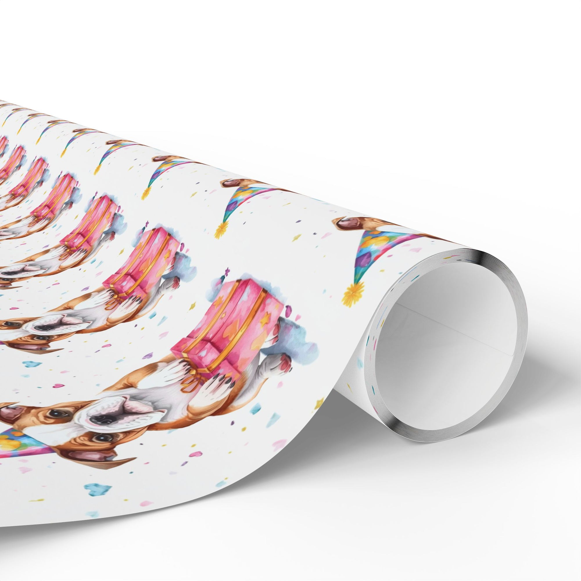 Roll of wrapping paper with bulldog puppy and birthday gift design on a white background