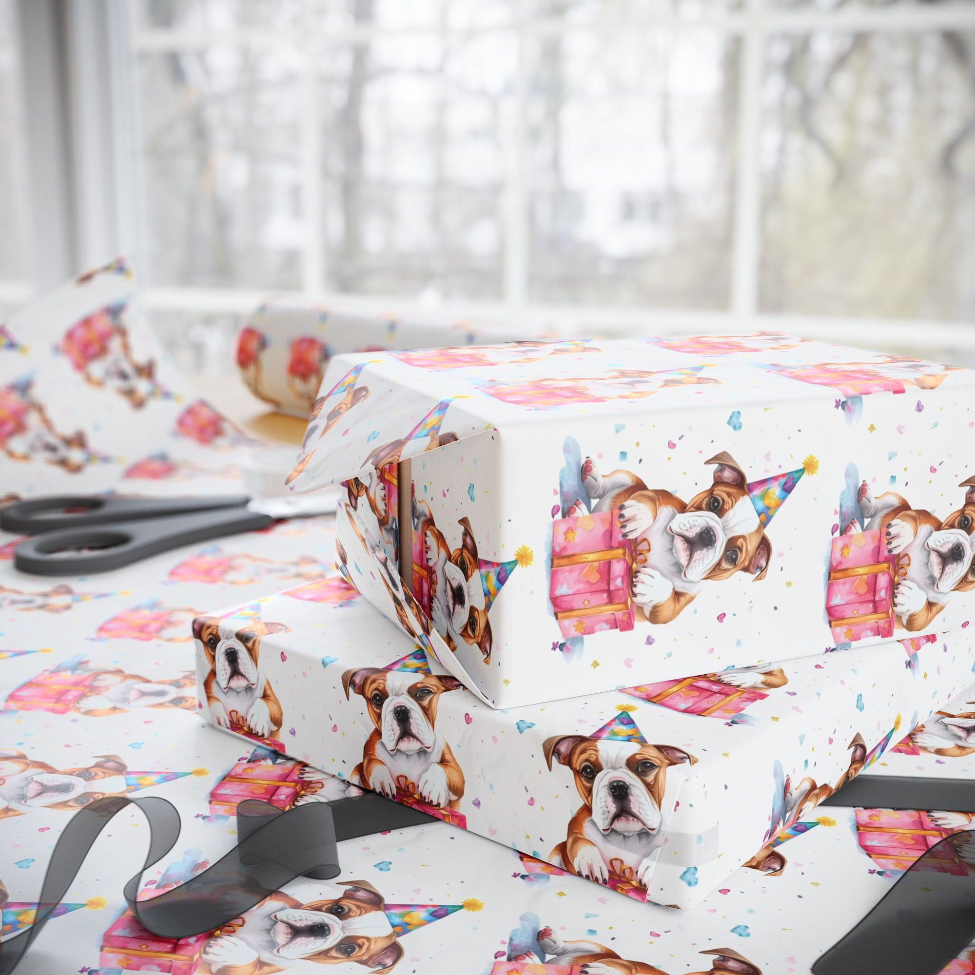 Birthday bulldog wrapping paper featuring a cute puppy wearing a party hat and sitting on a pink gift with hearts and confetti