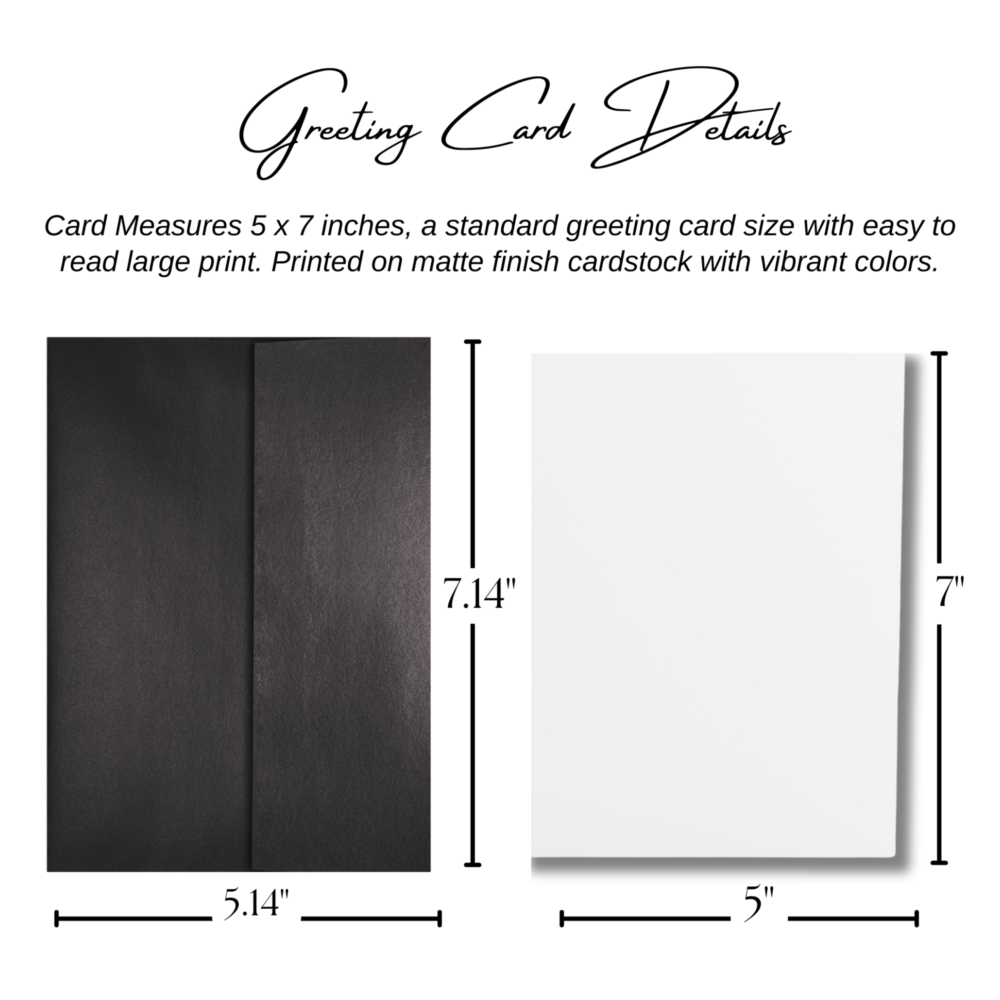 Greeting card with dimensions and details on a white background