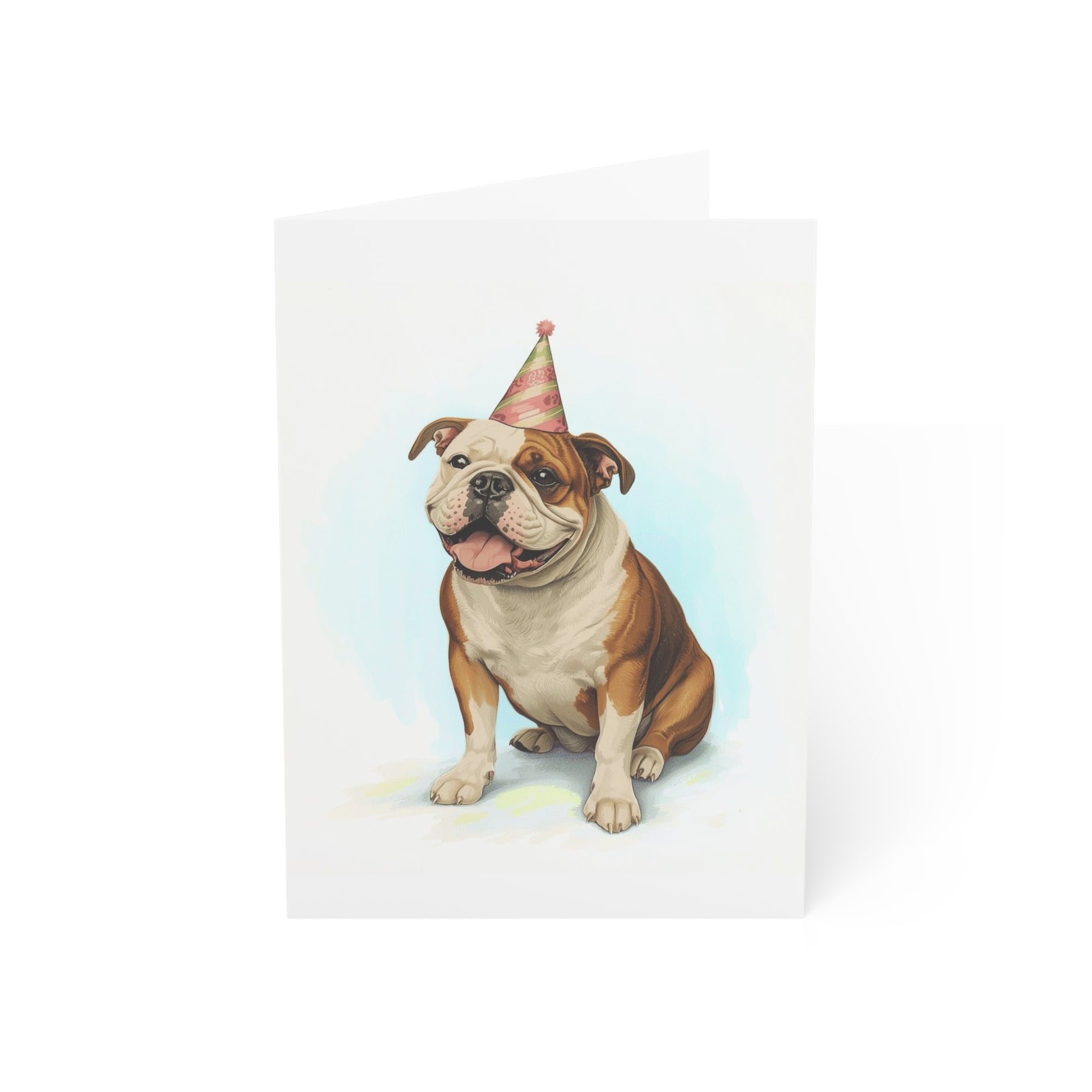 Card featuring an American Bulldog wearing a party hat on a white background