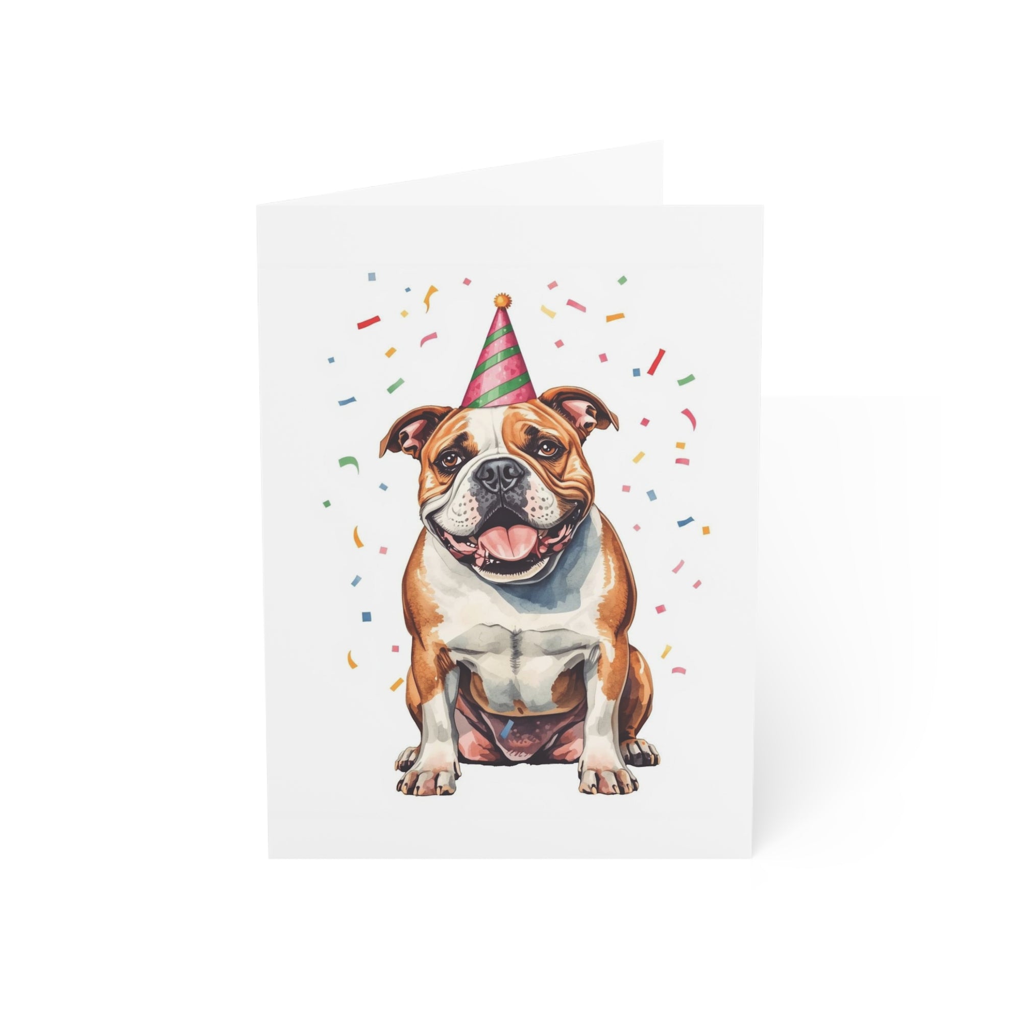 Illustration of a bulldog wearing a party hat with confetti on a white card.