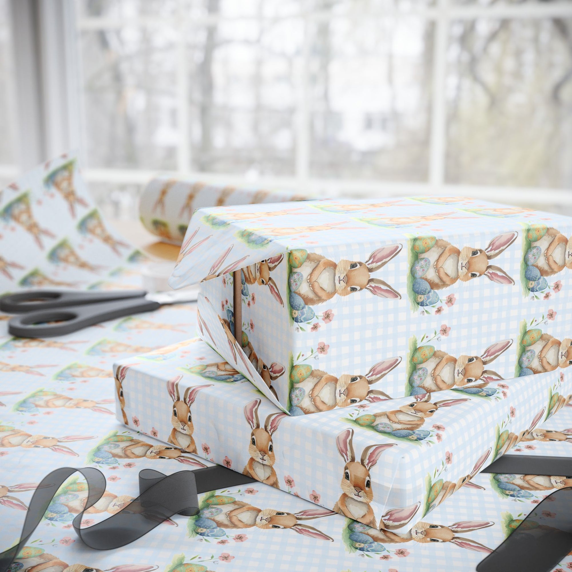 Gift wrap with bunny pattern with a blue gingham background