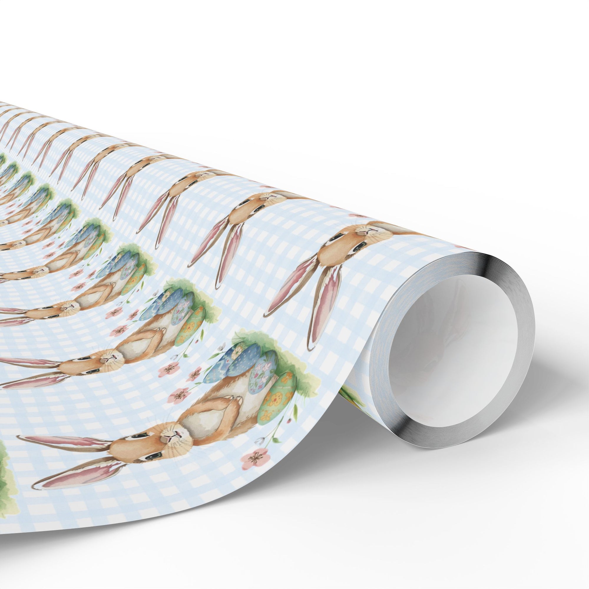 Wrapping paper roll with bunny pattern and a blue gingham background