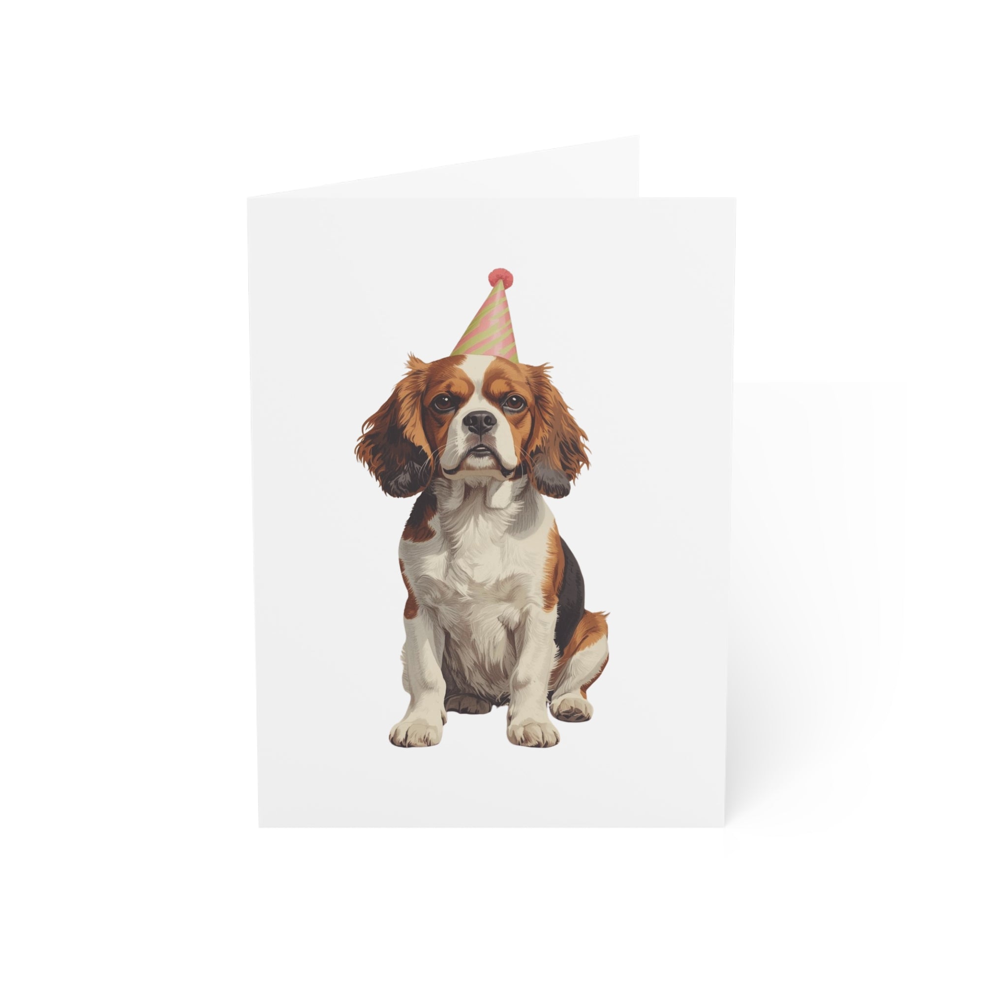 King Charles Cavalier wearing a party hat on a white card