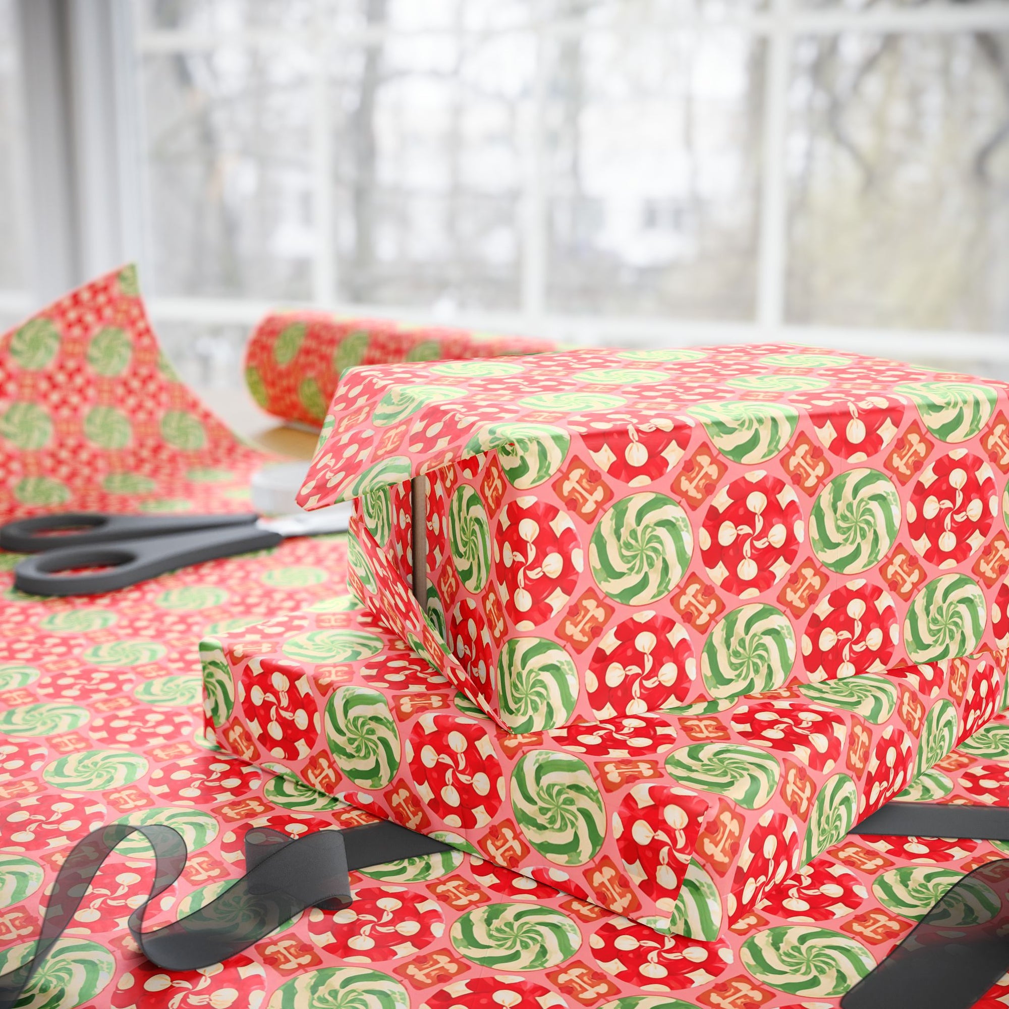 Christmas Candy Wrapping Paper with red and green peppermint swirl pattern