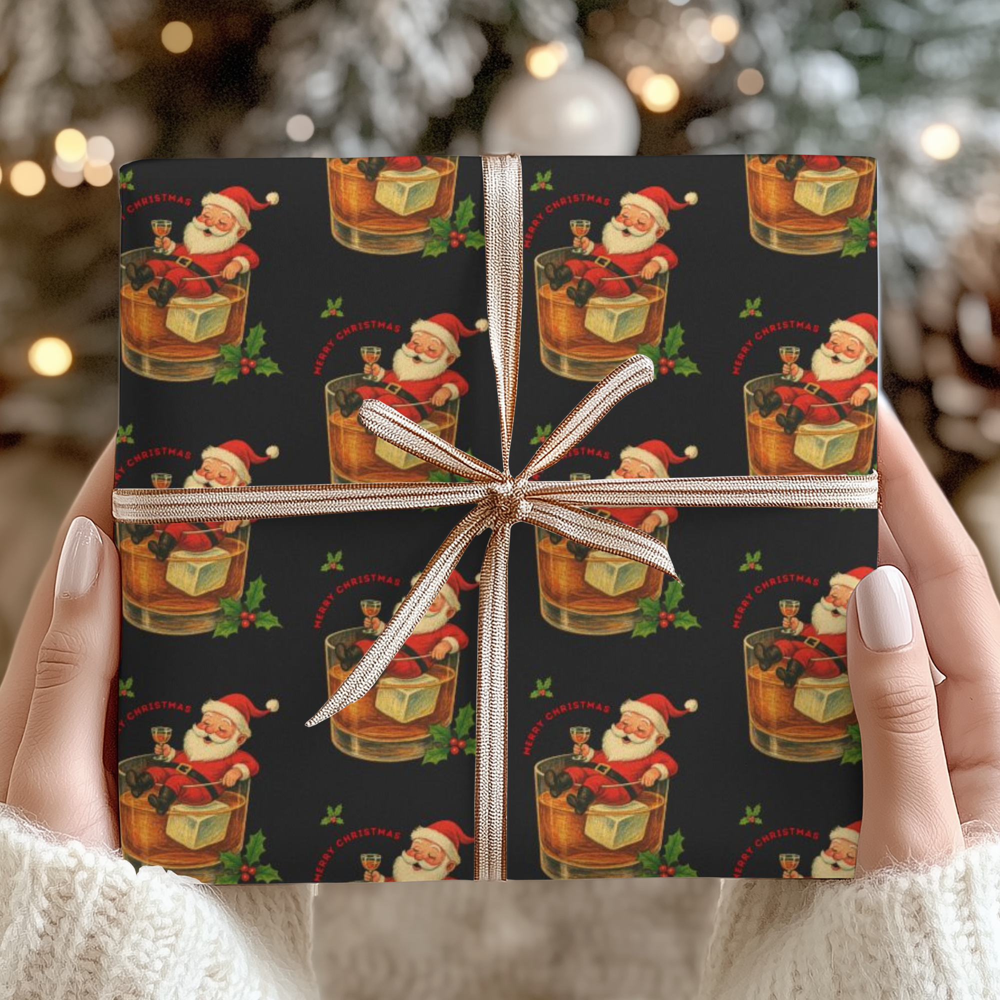 Santa’s Old Fashioned Christmas Wrapping Paper featuring retro Santa in a whiskey glass with holly and “Merry Christmas” text on black background