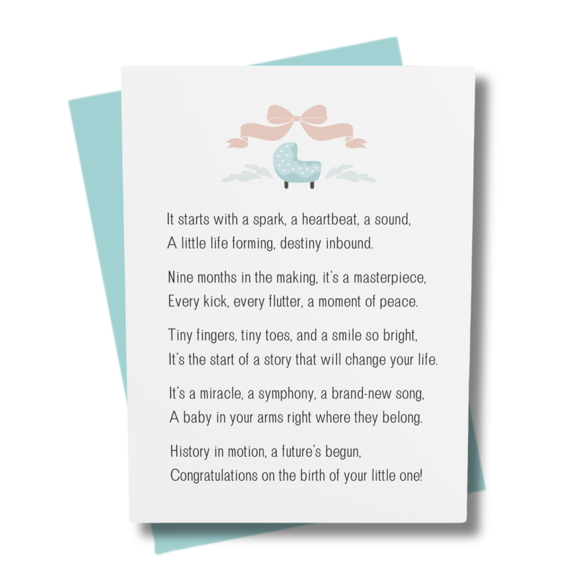 Greeting card with baby illustration and birth congratulations text on a white background