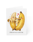 greeting card featuring bananas with a humorous message on a white background.