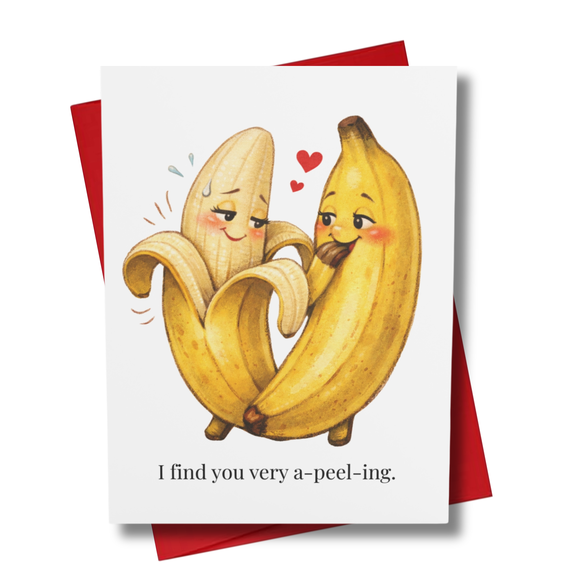 Card with bananas holding hands and a humorous message on a white background.