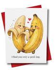 Card with bananas holding hands and a humorous message on a white background.