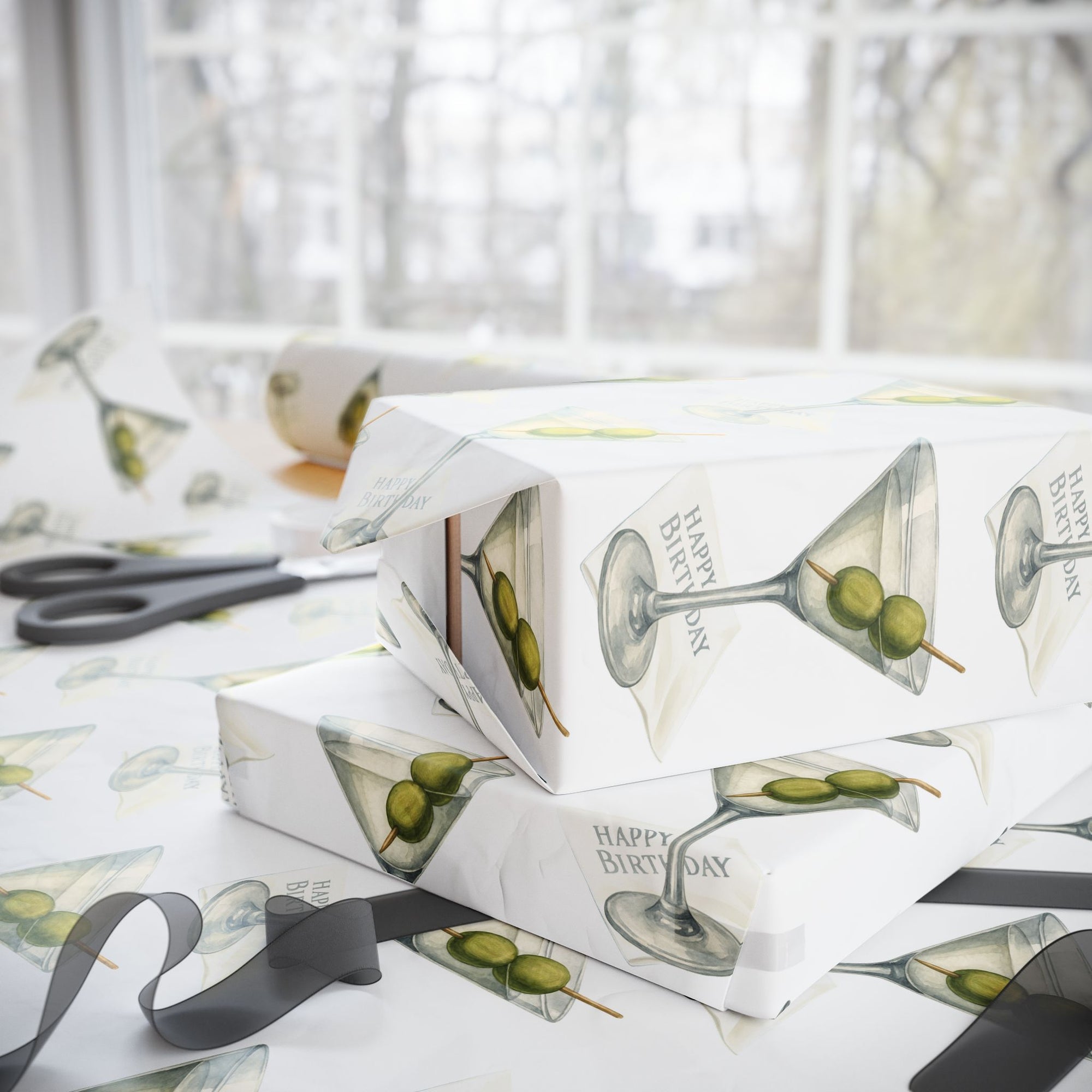 Vintage martini glass birthday wrapping paper with olives and “Happy Birthday” design