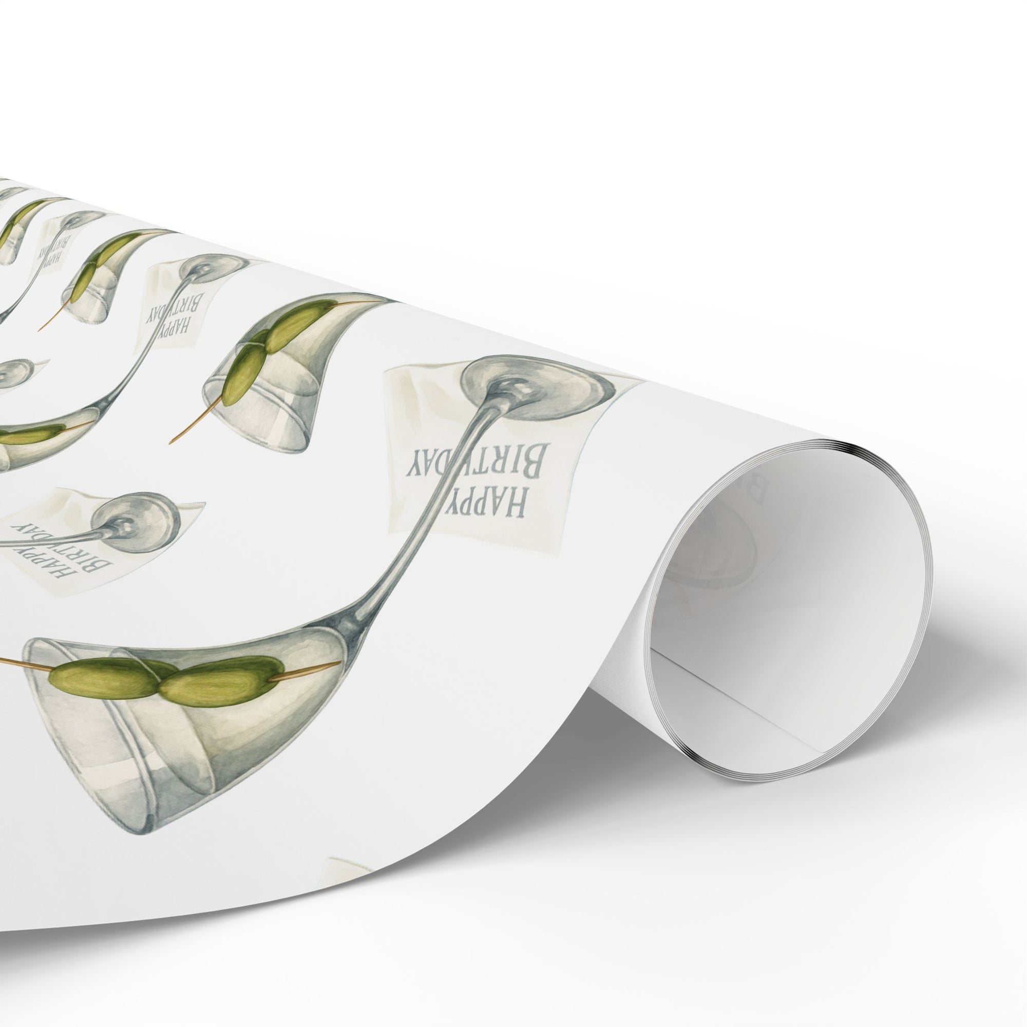 Vintage martini glass birthday wrapping paper with olives and “Happy Birthday” design.