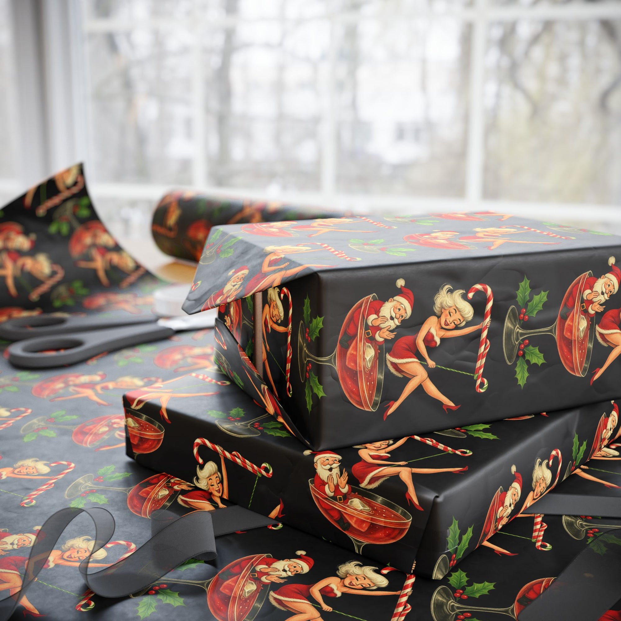 Christmas wrapping paper featuring a flirty 1950s Mrs. Claus dancing on a candy cane while Santa watches from his cocktail glass.